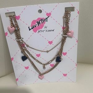 Betsey Johnson Luv Betsey Gold/Black/Pink "Hearts" 3 Tier Necklace